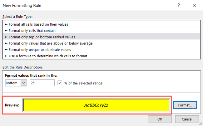 Review the conditional formatting preview and click OK