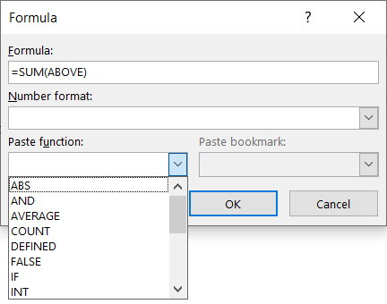 Select a function to paste