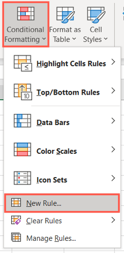 On the Home tab, click Conditional Formatting and pick New Rule