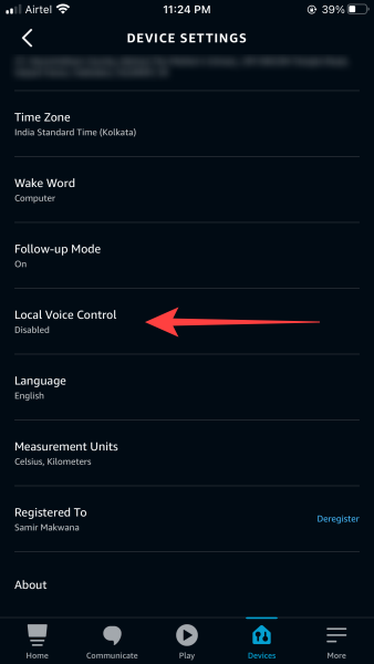 In Device Settings, scroll down to the "Local Voice Control" section and tap on it.