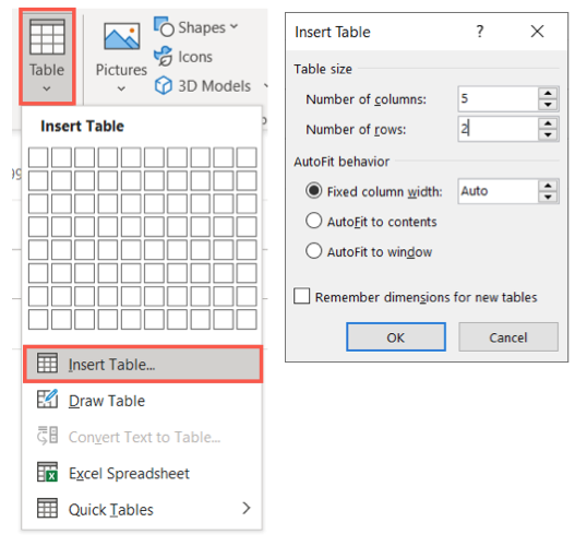 On the Insert tab, click Table, Insert Table and enter a size