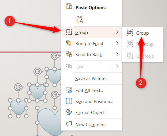 Right-click the object, click Group in the context menu, and then select Group from the sub-menu.