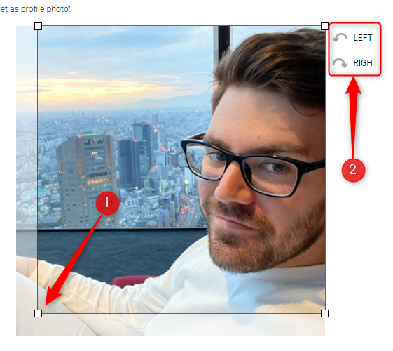 Rotate and click and drag the four handles to crop the new profile picture.