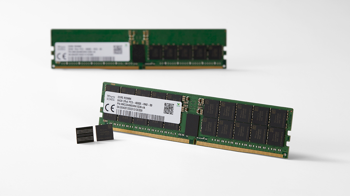 Two DDR5 RAM sticks with the bare PCB and RAM chips showing.