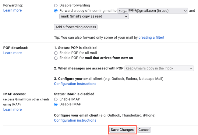 Setting up a forwarding email address in Gmail.