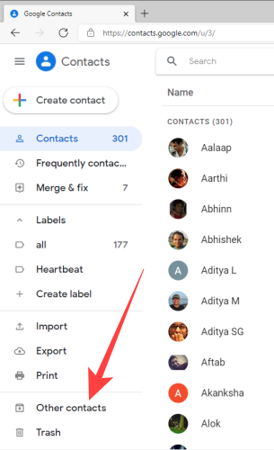 On the Google Contacts page, select the "Other Contacts" on the left column.