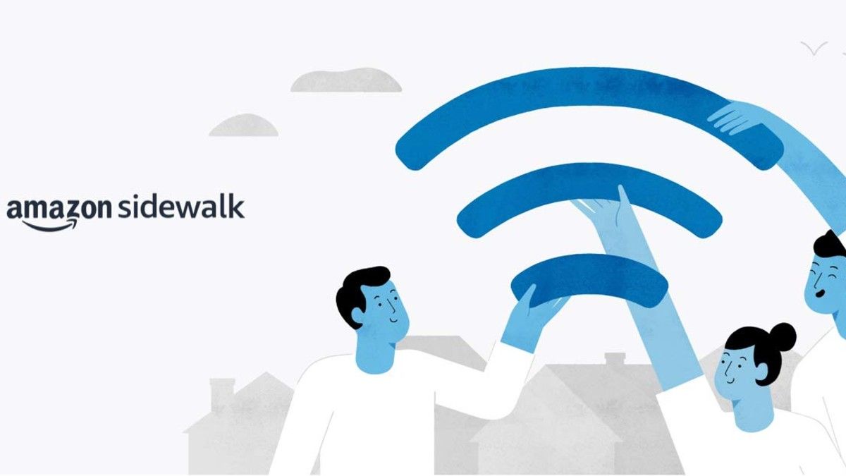 Amazon Sidewalk text and illustration of people holding part of the WiFi symbol