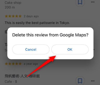 Tap the "OK" button to delete the review.