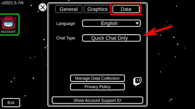 In Among Us Settings, select "Data," then "Chat Type" to change from Quick Chat to Free Chat.