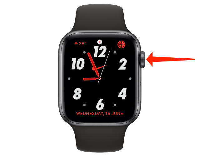 Press the Digital Crown, which is the large circular dial-like button on the side of the Apple Watch.