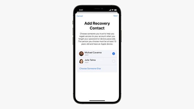 Adding a recovery contact on iPhone.