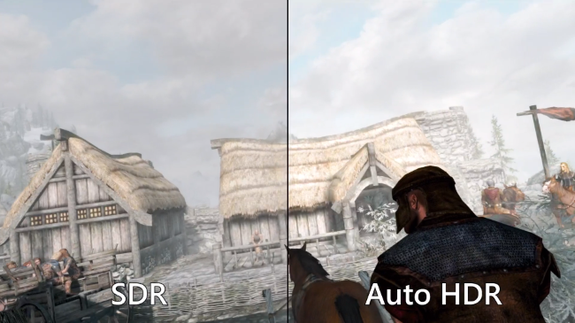 Comparing standard SDR vs. Auto HDR in Skyrim on a Windows 11 PC.