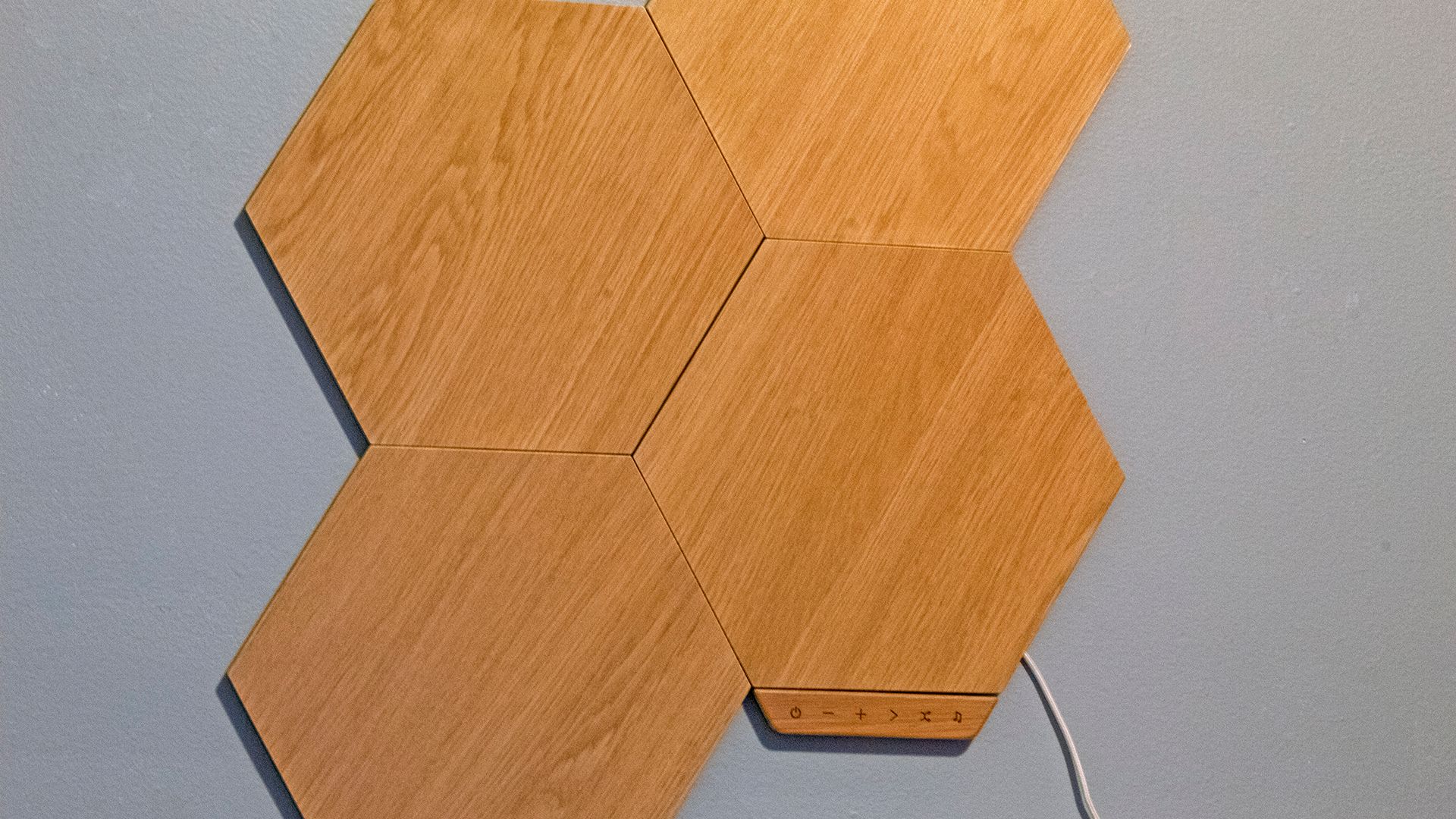 A closeup of woodgrain hexagon panels.