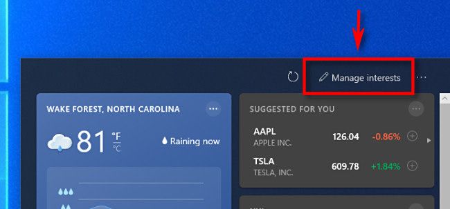 In the Windows 10 news widget, click "Manage Interests."