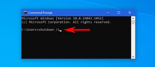 In the Windows 10 Command Prompt window, type "shutdown /s" and hit Enter.
