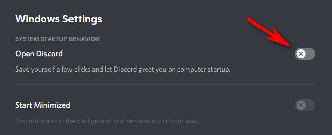 In "Windows Settings," click the switch beside "Open Discord" to turn it off.