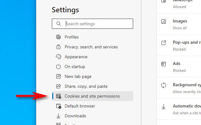 In the Edge Settings sidebar, click "Cookies and Site Permissions."