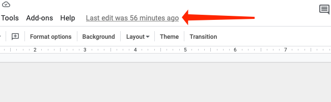 Click the “Last Edit Was” button to the right-hand side of the “Help” button in the menu bar in Google Slides.