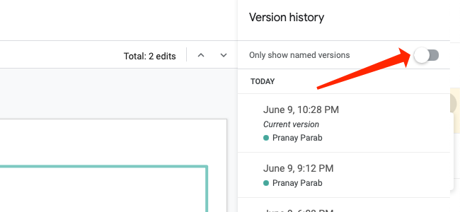 To find named versions of a Google Slides presentation, flip the switch next to “Only Show Named Versions.”