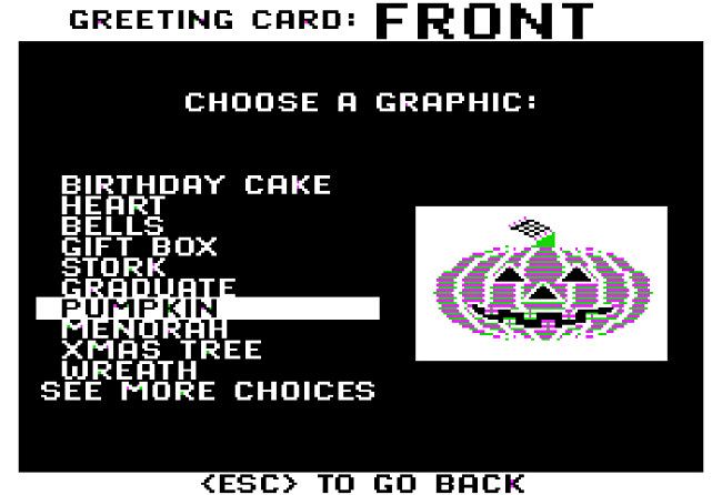 A screenshot of creating a greeting card in The Print Shop for the Apple II.