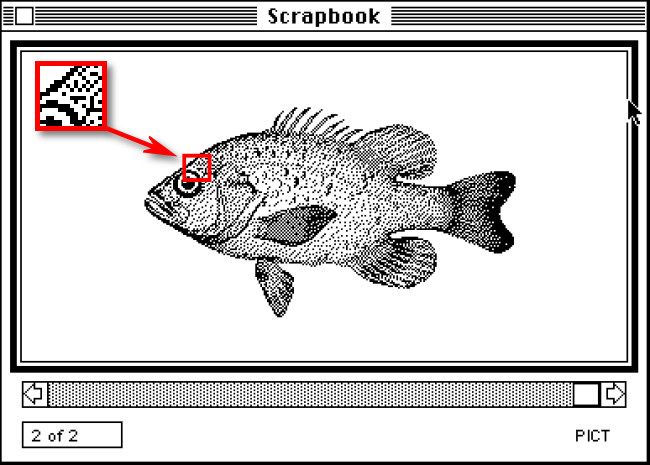 An example of 1-bit monochrome graphics in Mac System 1.0 from 1984.