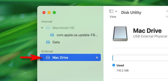 In Mac Disk Utility, select the USB drive you want to format in the sidebar.