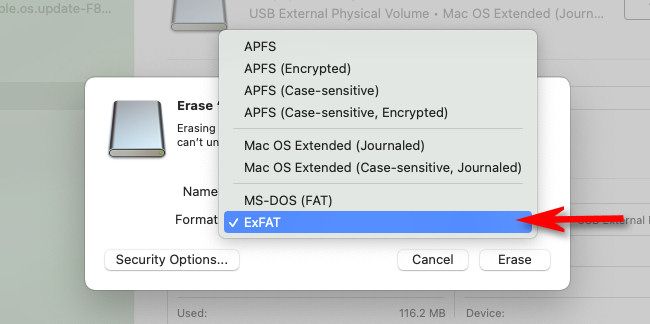 In the Disk Utility file system format list, select "exFAT."
