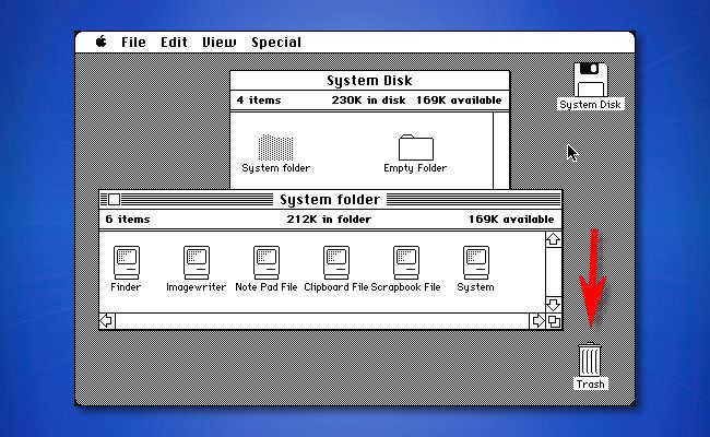 A screenshot of the Trash can in Mac System 1 from 1984.