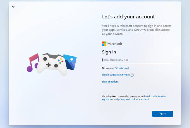 Creating a Microsoft account in Windows 11's leaked setup process