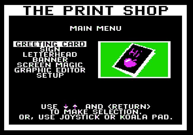 The Print Shop main menu for Apple II.