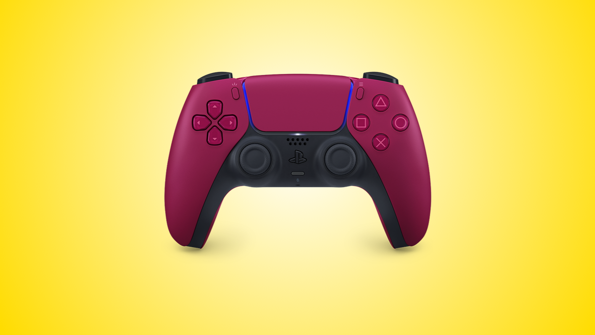 The red color variant of the DualSense PS5 controller, against a yellow background.