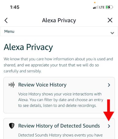 Alexa Privacy page on Alexa app.