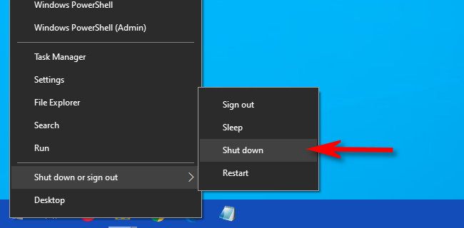 Right-click the Start menu, then select "Shut-Down or Sign Out," then pick "Shut Down."