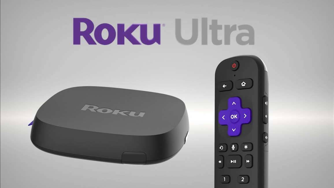 roku ultra and remote on grey background