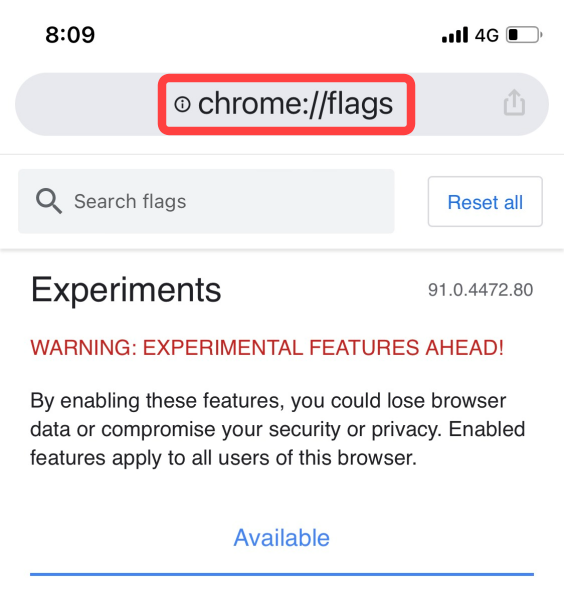 Open Chrome on iPhone, type chrome://flags in the address bar, and hit Enter