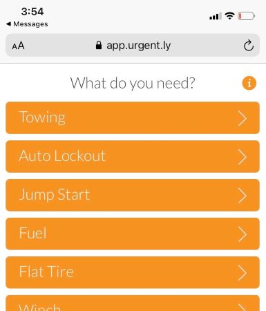 Service options page on Urgently app