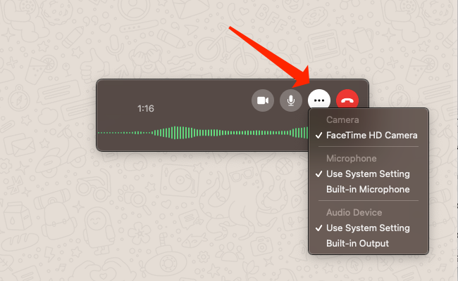 Camera, microphone, and audio output settings in WhatsApp for Mac.