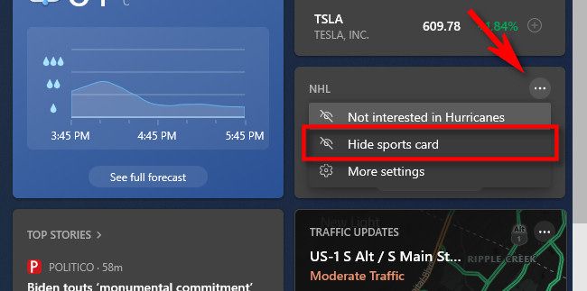 To hide a card in the widget, click the menu button and select "Hide Card."