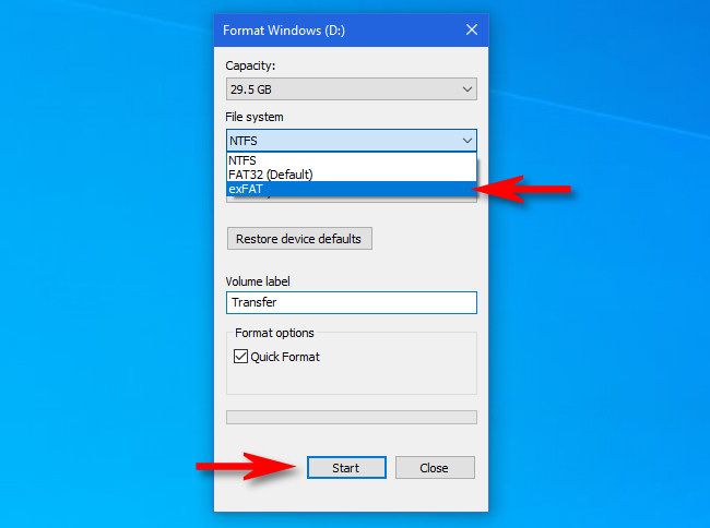 In the Windows 10 Format window, select "exFAT" from the file system list and click "Start."