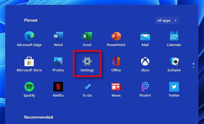 Click "Settings" in the Windows 11 Start menu.