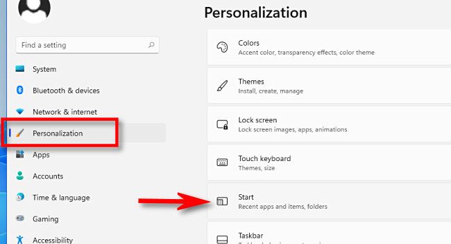 In Windows 11 Settings, click "Personalization," then "Start."
