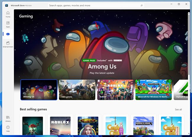 The "Gaming" category of the Windows 11 Microsoft Store preview.