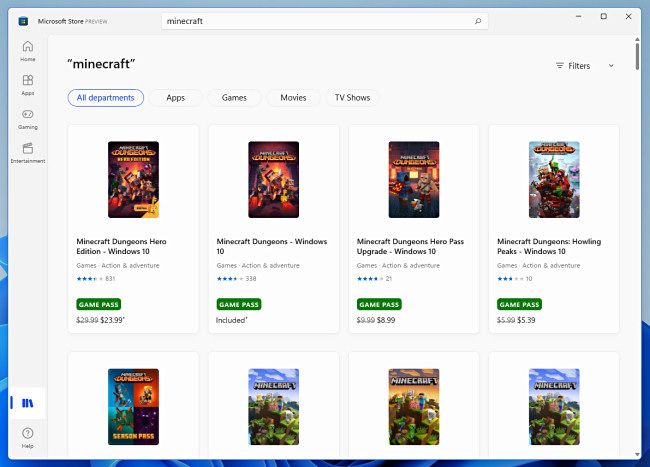 Example search results in the Windows 11 Microsoft Store preview.