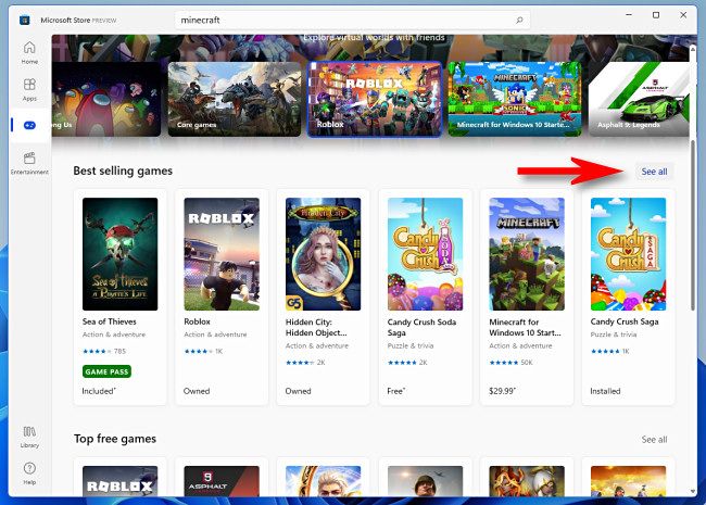 In the Windows 11 Microsoft store, click "See All" to see more items in an sub-category.
