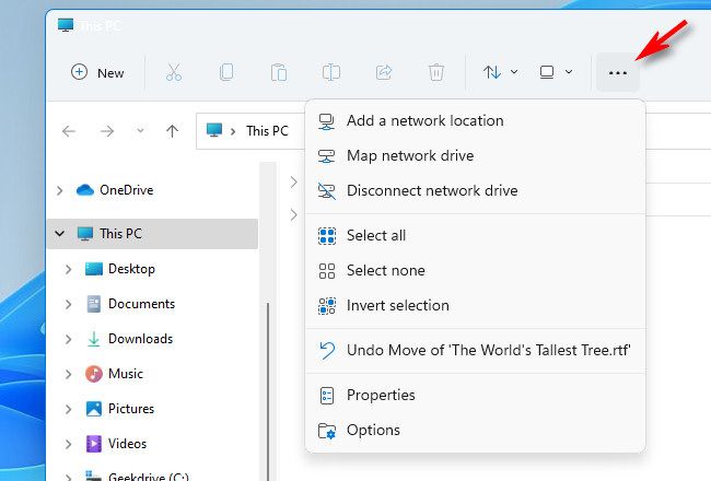 The Windows 11 Preview ellipses menu in File Explorer