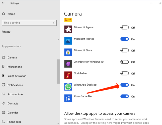 To make video calls, allow WhatsApp access to the camera on Windows 10.