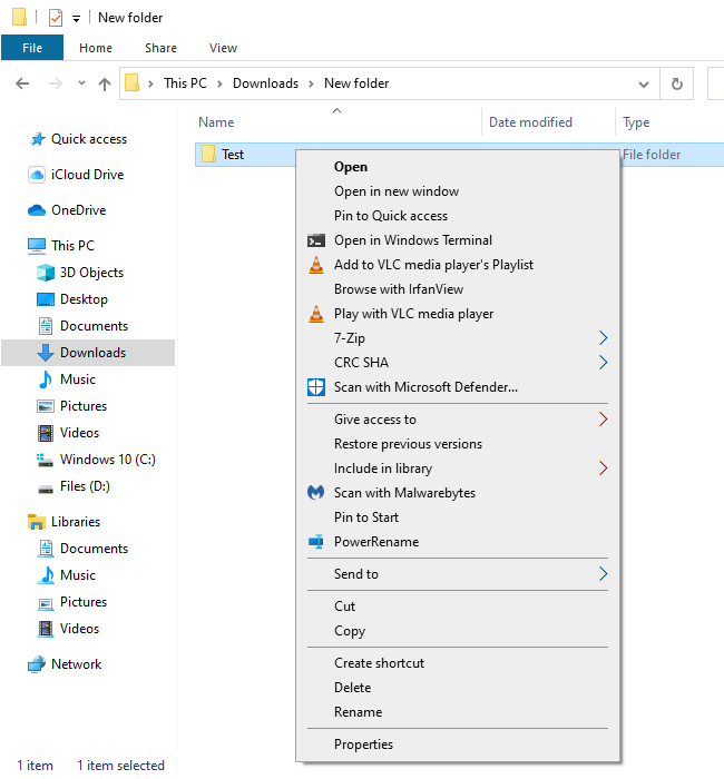 File Explorer's context menu on Windows 10.