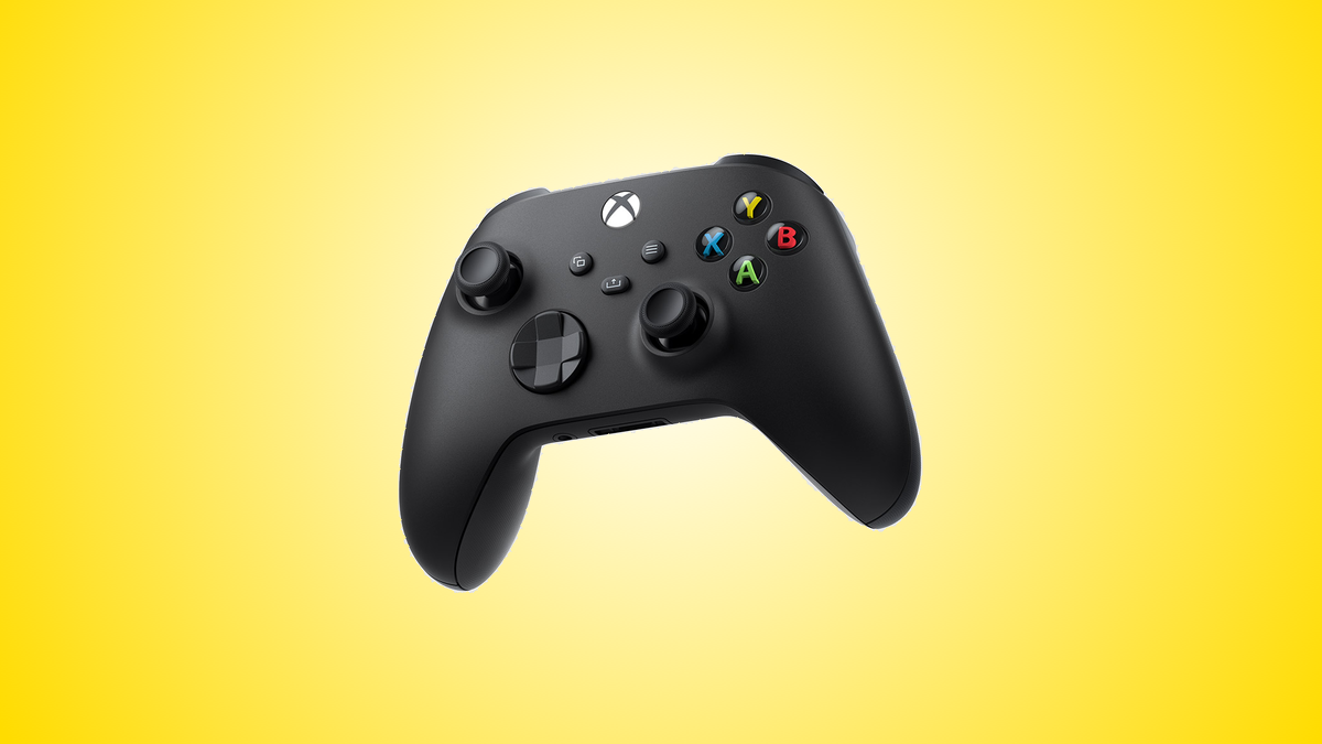The black color variant of the Xbox Wireless Controller, against a yellow background.