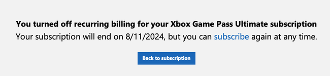 A screenshot showing that recurring billing has been turned off for Xbox Game Pass.