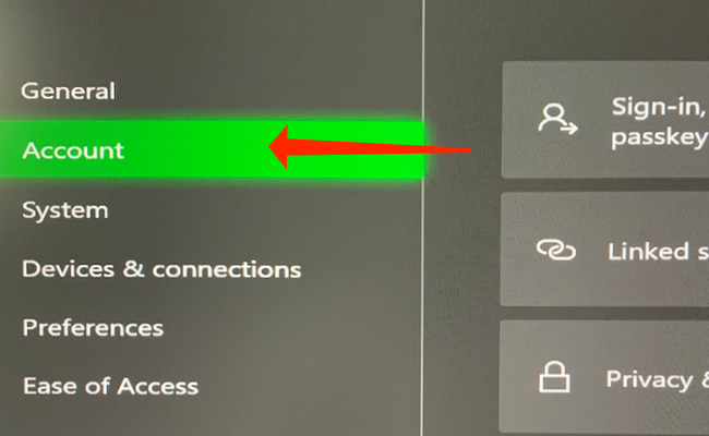 Account settings on an Xbox Series X.